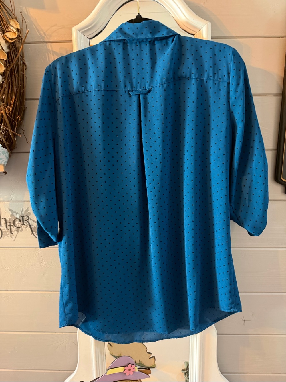 New York & Company Teal Blue Dot Split-Neck Blouse - Picture 9 of 10
